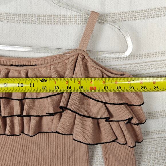 Forever 21 Ruffle Off Shoulder Sweater Pink Beige Ribbed Knit Size XL - Picture 3 of 7